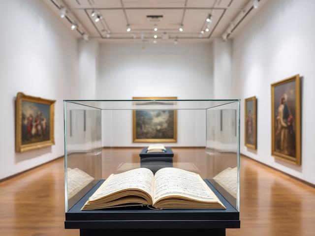Museum gallery with framed musical manuscripts alongside modernist paintings during an exhibition